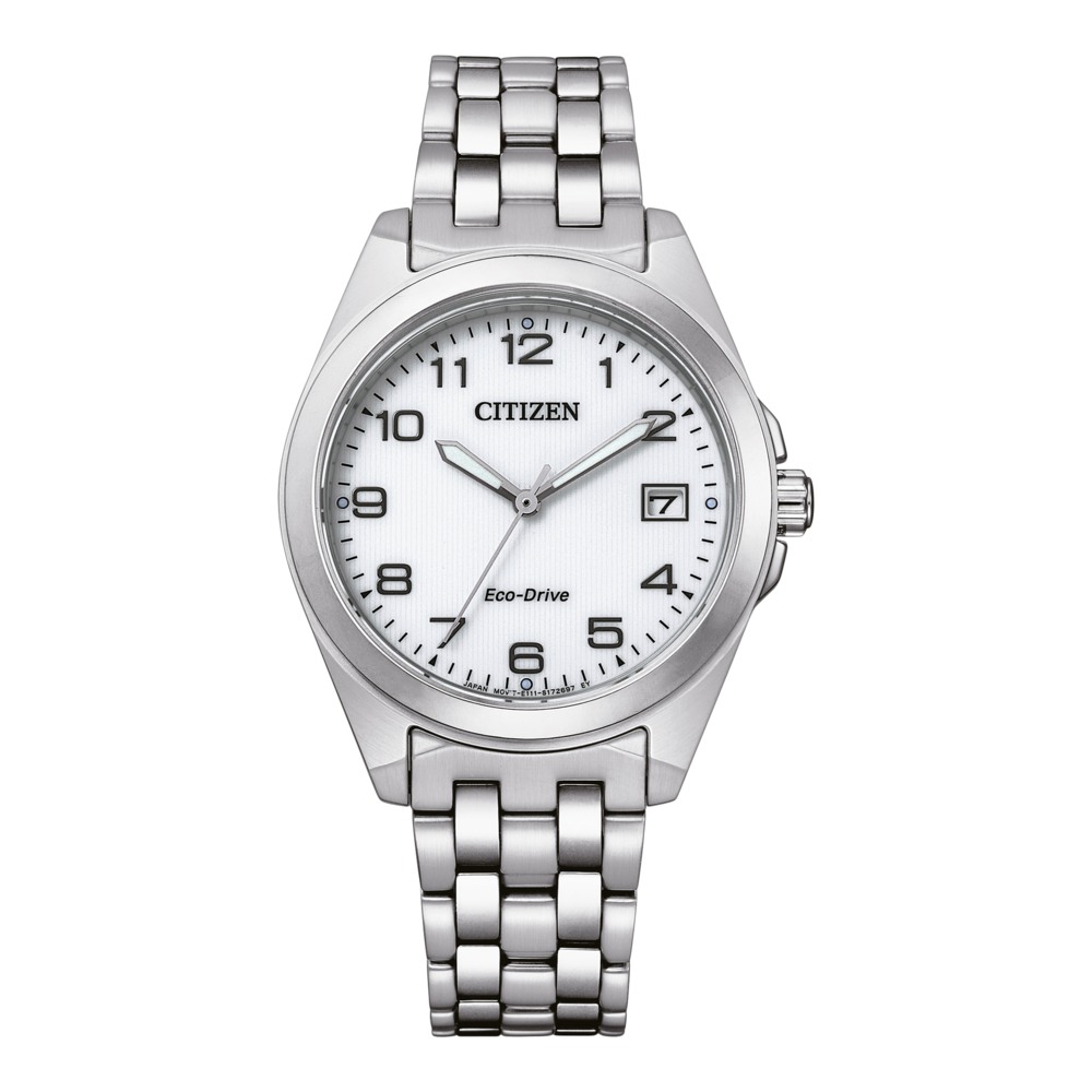 Citizen-Uhr mit weißem Zifferblatt, silbernem Armband und Eco-Drive-Technologie.