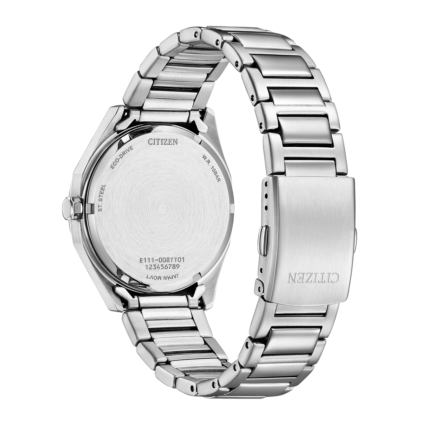 Citizen-Uhrrückseite, Edelstahl, Eco-Drive, W.R. 10BAR, Japan Movt.