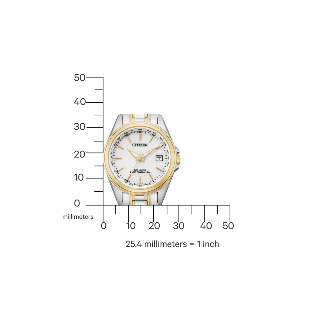Citizen-Uhr mit Gold- und Silberakzenten, weißem Zifferblatt und Datumsanzeige.