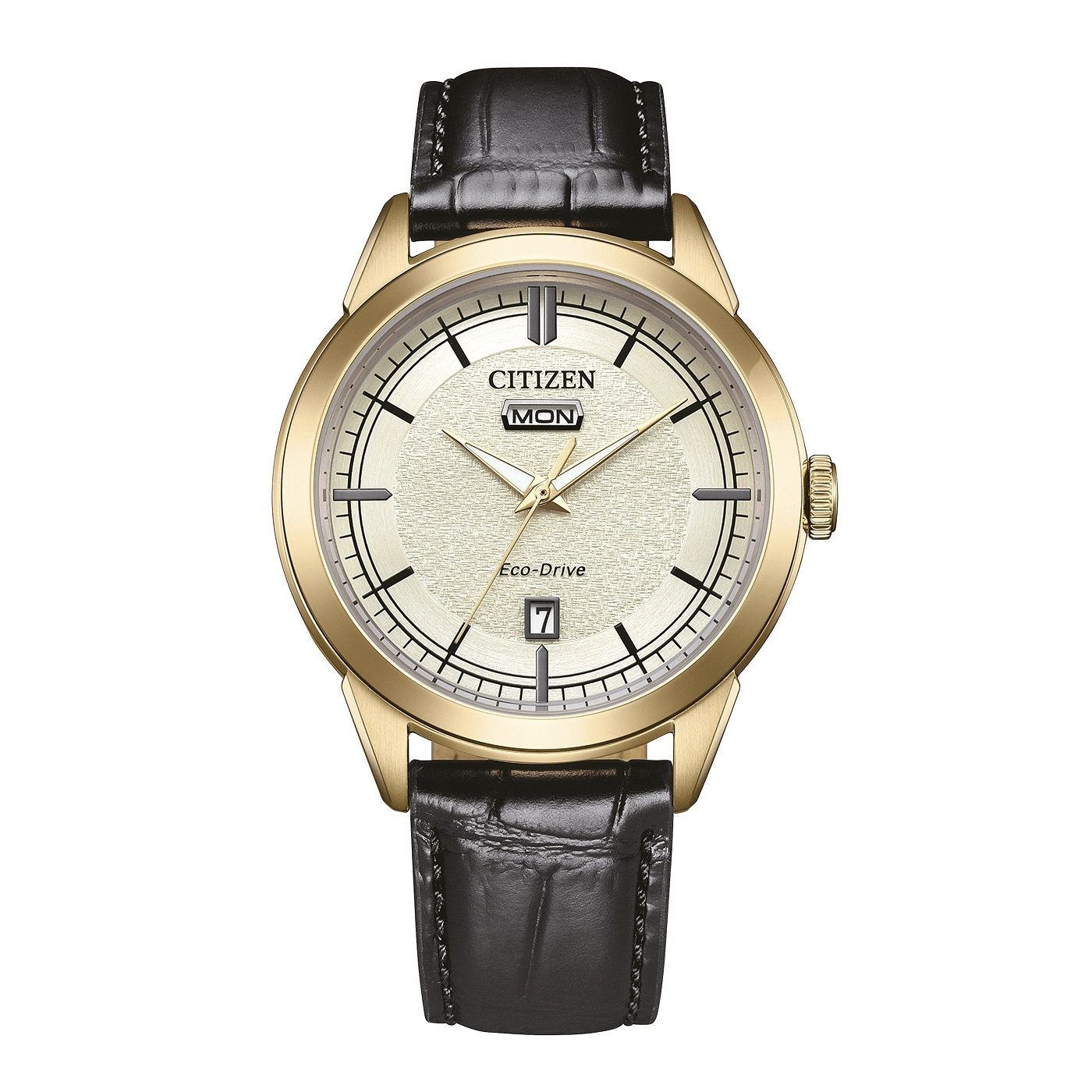Eine goldene Citizen Eco-Drive Uhr mit schwarzem Lederarmband.