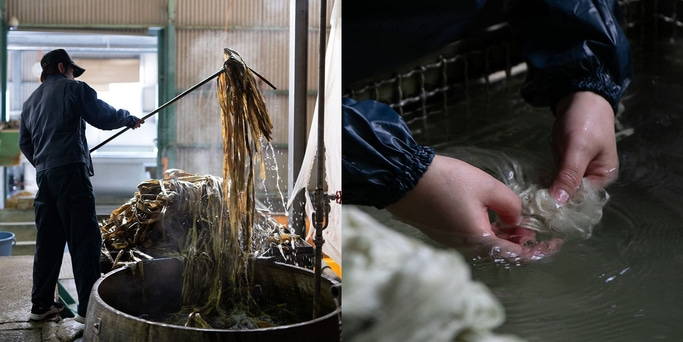 This split image depicts textile processing. The left shows a worker pulling long, wet fibers from a large vat. The right shows hands rinsing light-colored fibers, highlighting stages of dyeing or material preparation.