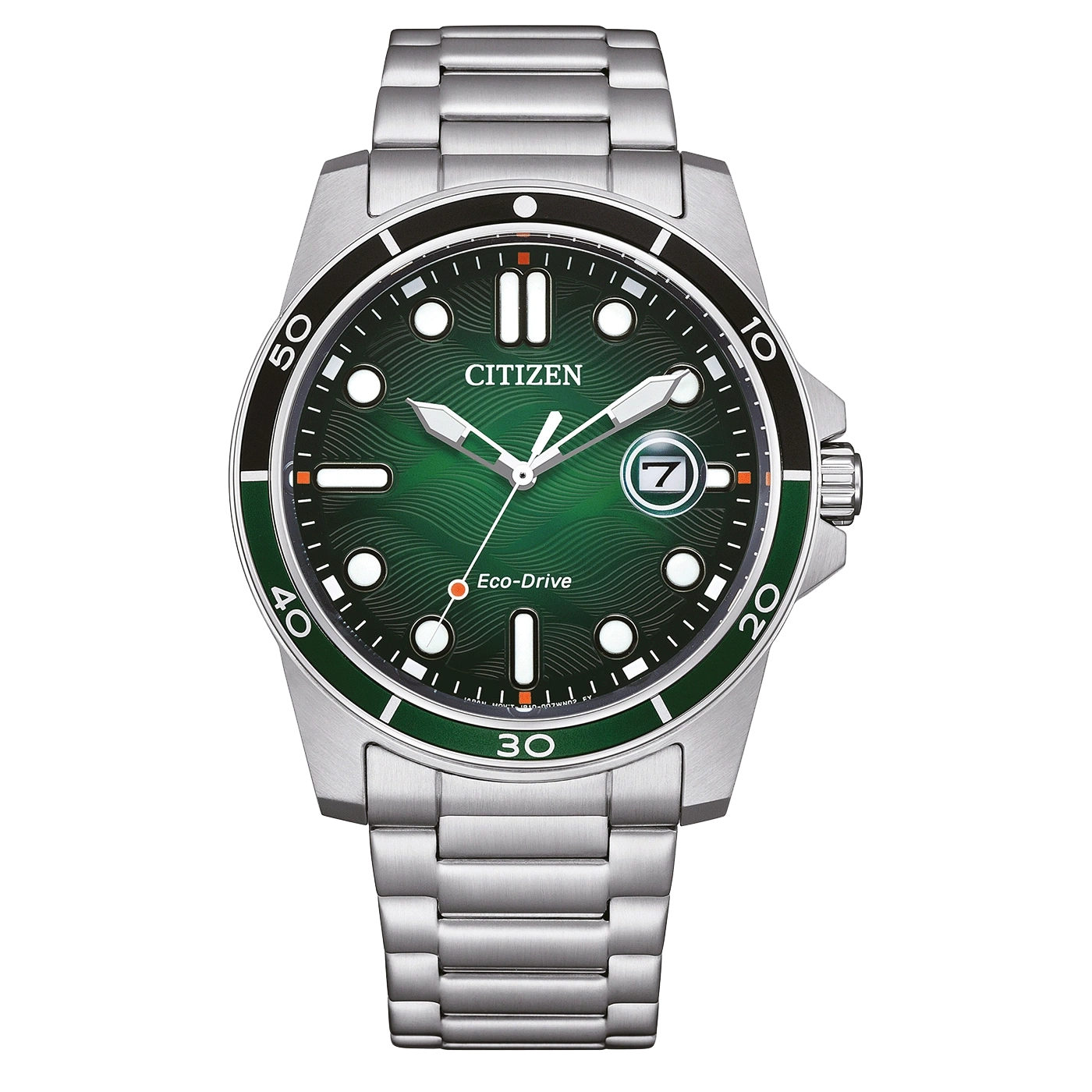 Citizen-Uhr mit grünem Zifferblatt und silbernem Armband, Eco-Drive-Technologie.