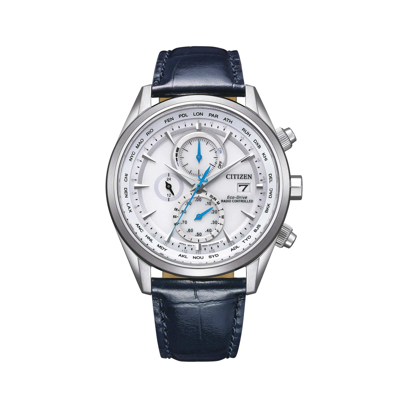 Citizen-Uhr mit weißem Zifferblatt, blauen Zeigern und blauem Lederarmband. Eco-Drive.