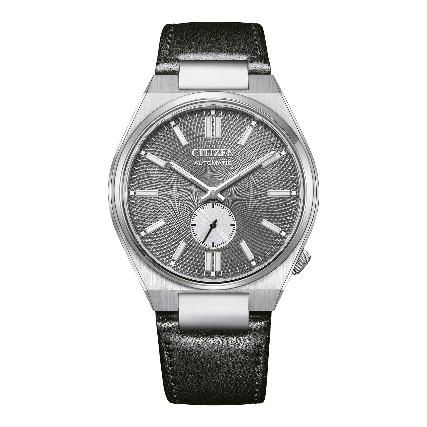 Citizen Automatikuhr mit grauem Zifferblatt und schwarzem Lederarmband.