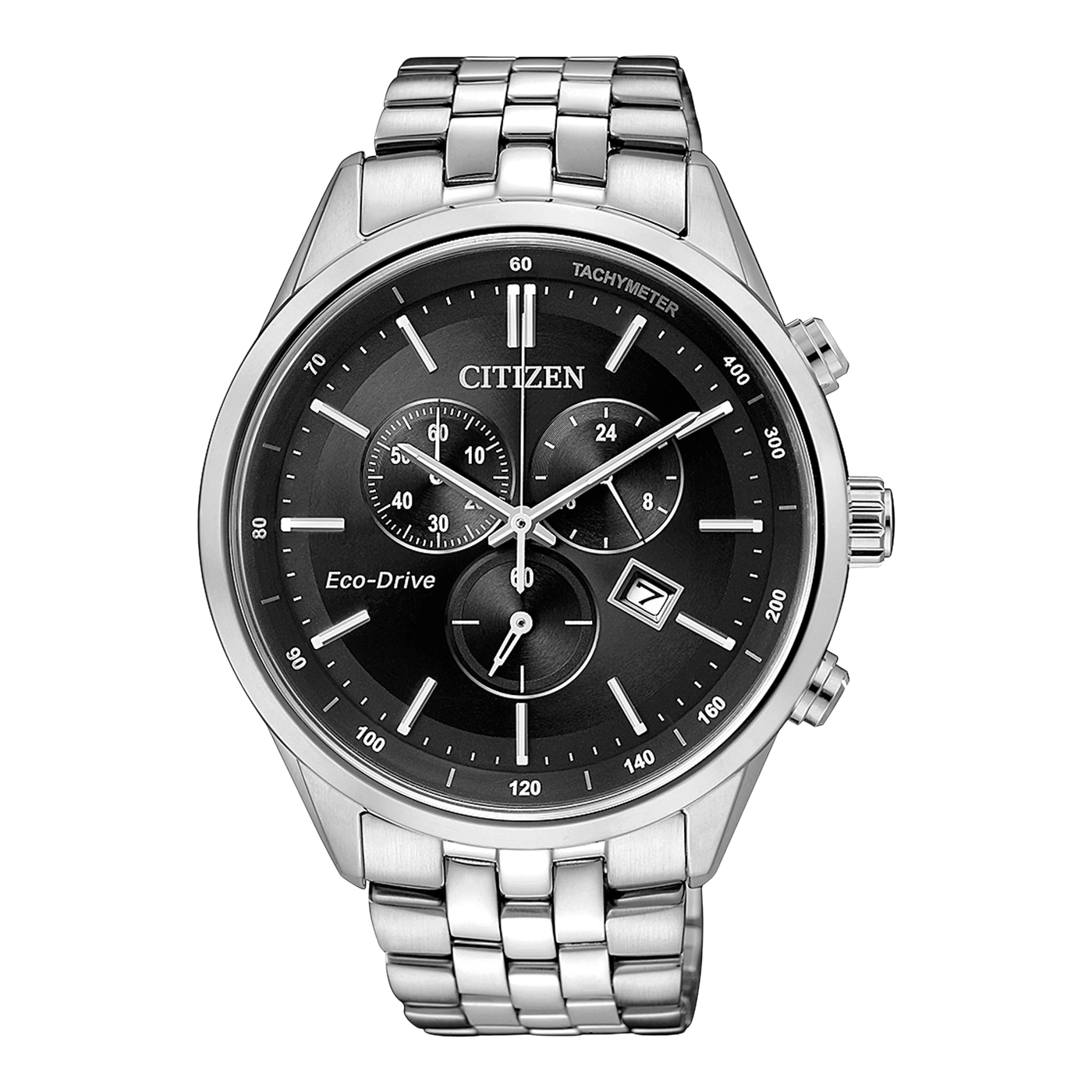 Citizen-Uhr mit schwarzem Zifferblatt und silbernem Armband, Eco-Drive-Technologie.