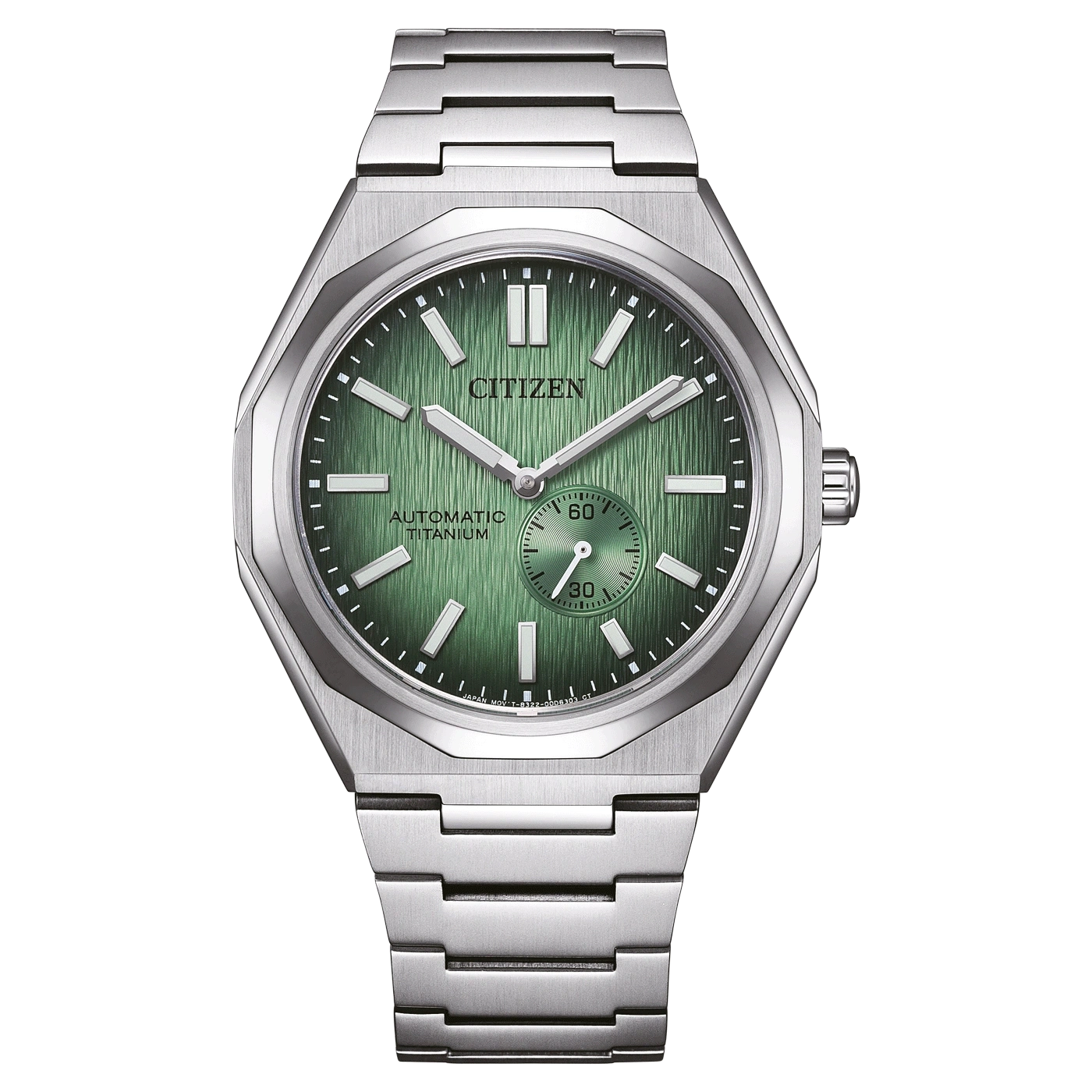 Citizen-Uhr mit grünem Zifferblatt und Titanarmband, Automatikwerk.