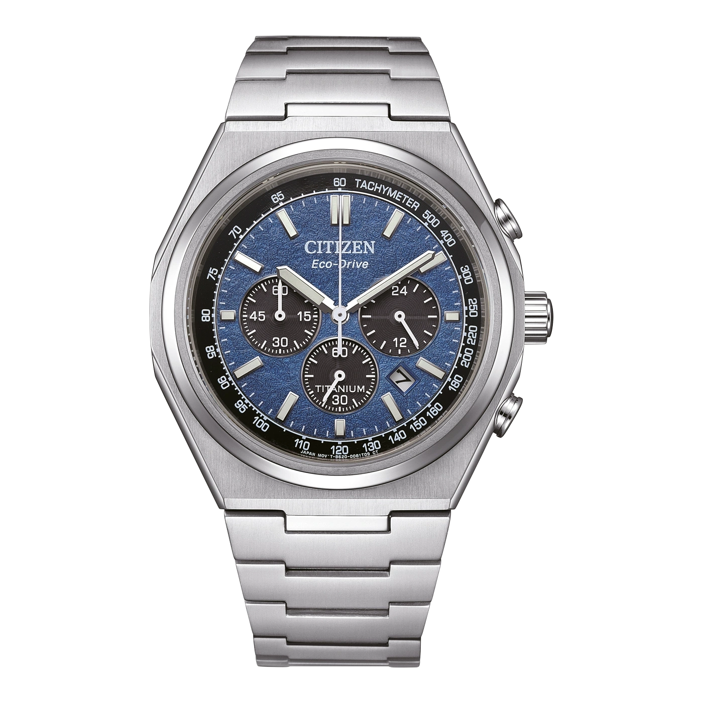 Citizen Eco-Drive Uhr mit blauem Zifferblatt und Titanarmband.
