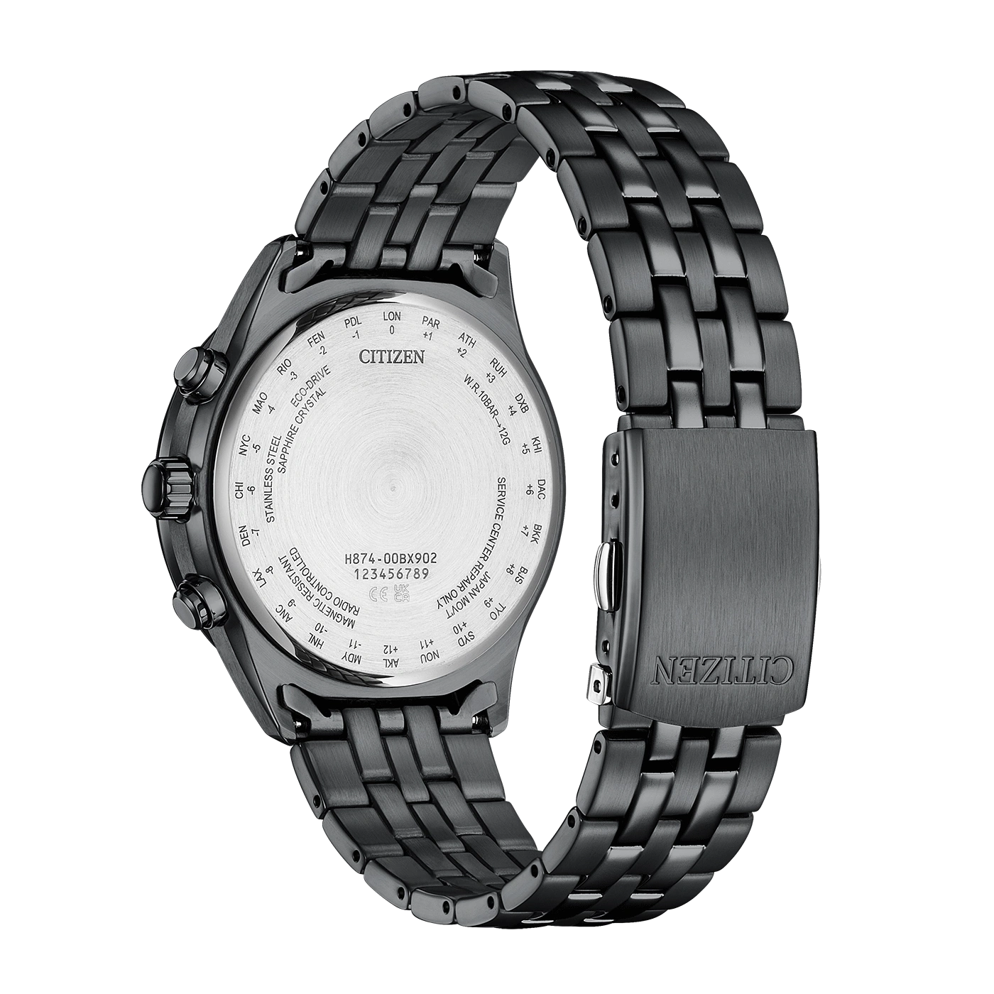 Schwarze Citizen-Uhr Rückseite mit Zeitzonenmarkierungen und Detail des Verschlusses.