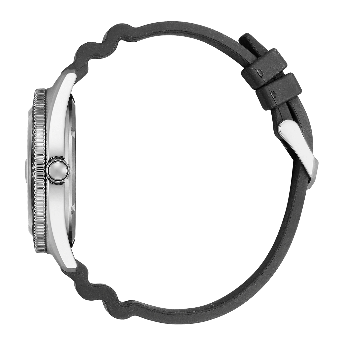 Seitenansicht einer silbernen Uhr mit schwarzem Kautschukarmband