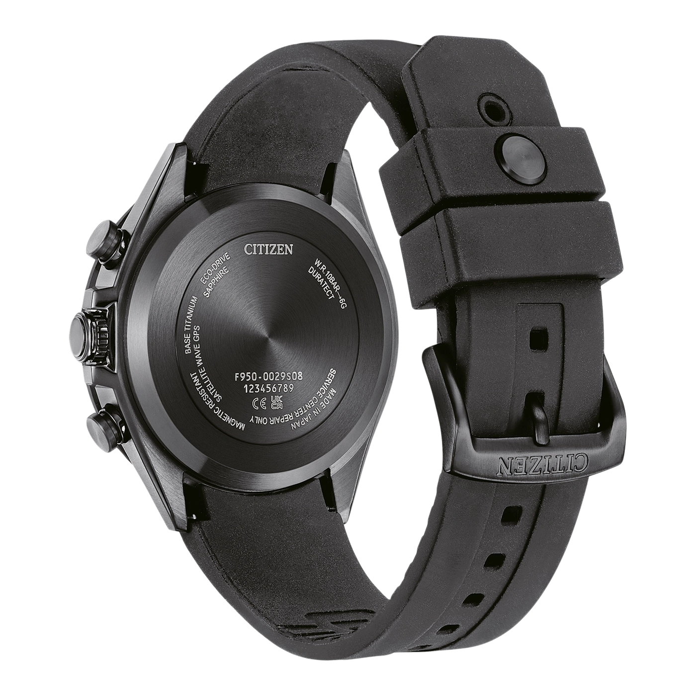 Schwarze Citizen-Uhr mit Titanbasis, Saphir und GPS-Technologie.