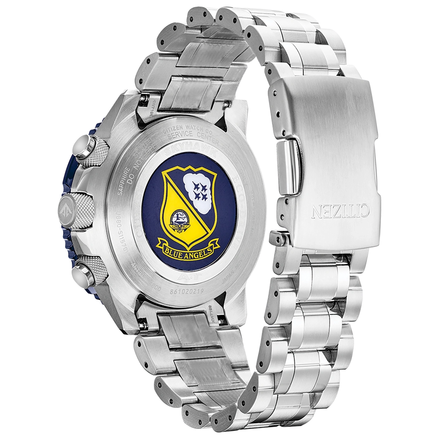 Citizen-Uhrrückseite mit Blue Angels-Logo und Metallarmband.