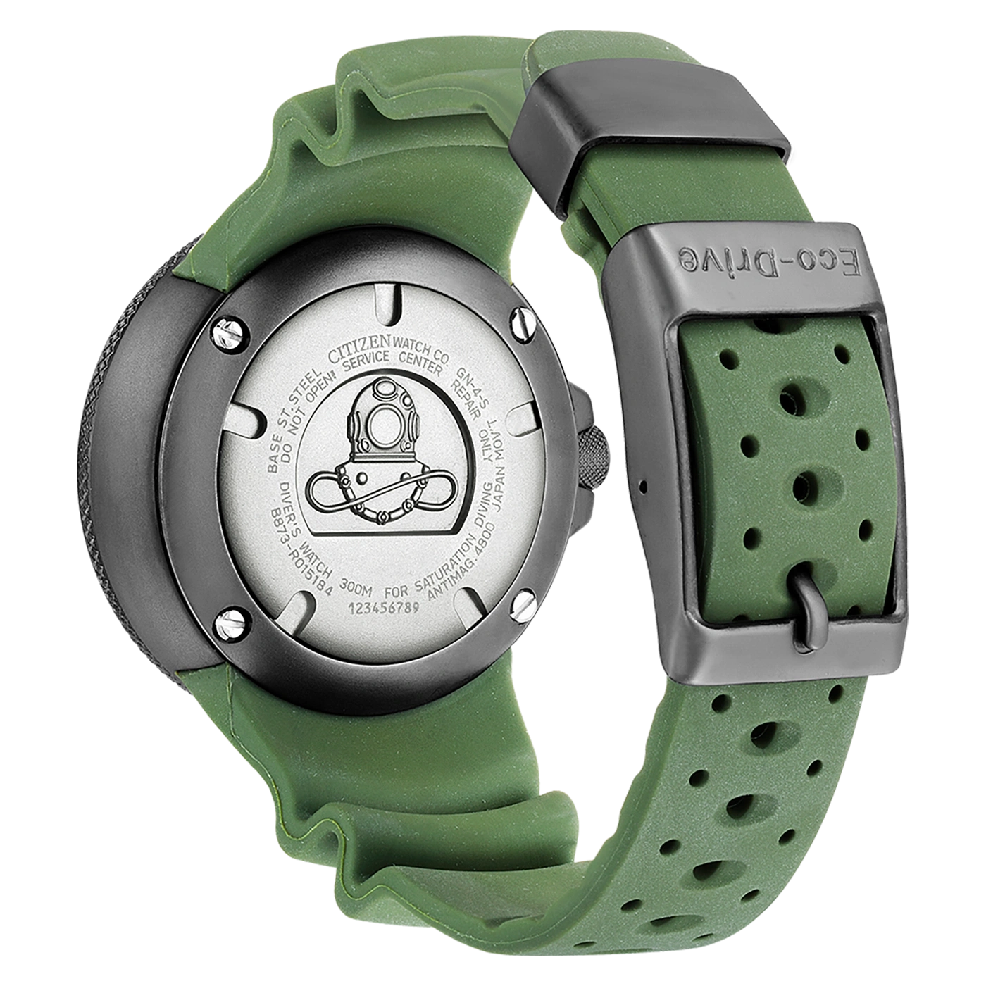 Citizen-Uhrrückseite mit grünem Armband, Eco-Drive, Tauchdetails und Zahlen.