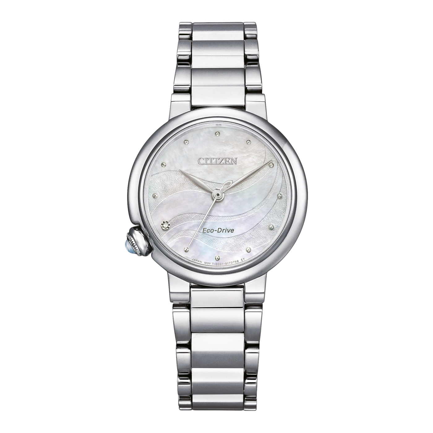 Citizen Eco-Drive Uhr mit silbernem Armband und weißem Zifferblatt.