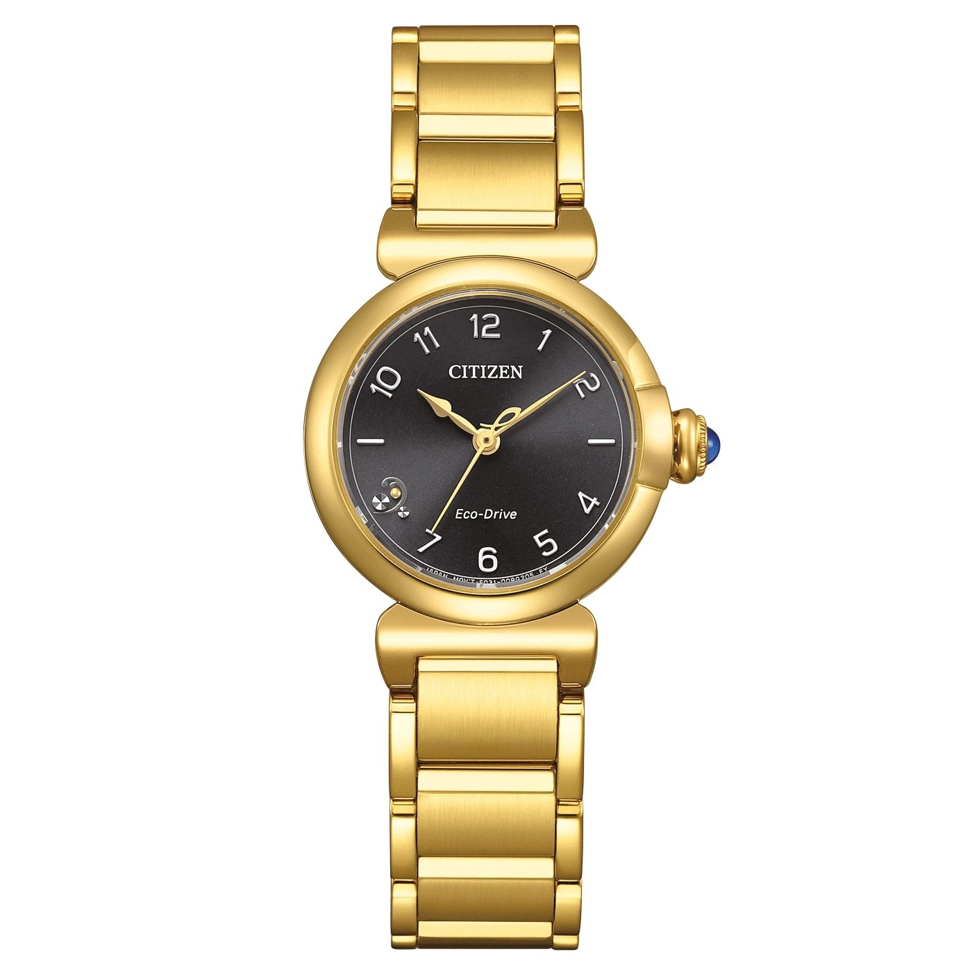 Goldene Citizen-Uhr mit schwarzem Zifferblatt und goldenem Armband, Eco-Drive.