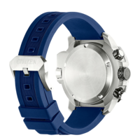 Citizen-Uhr mit blauem Armband, Edelstahlgehäuse und schwarzen Knöpfen.