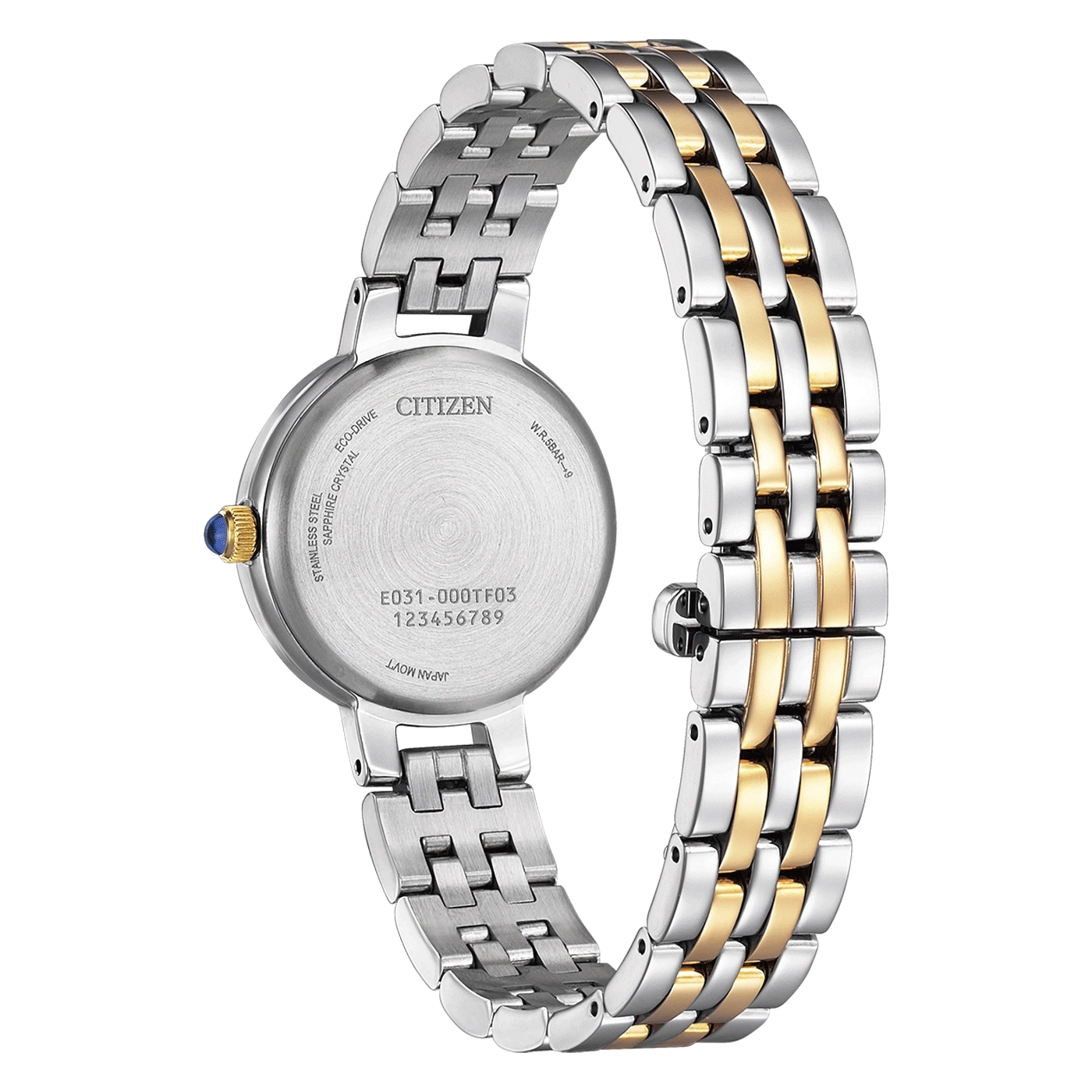 Citizen-Uhrrückseite, Edelstahl, Saphirkristall, Eco-Drive, japanisches Uhrwerk, goldene Akzente