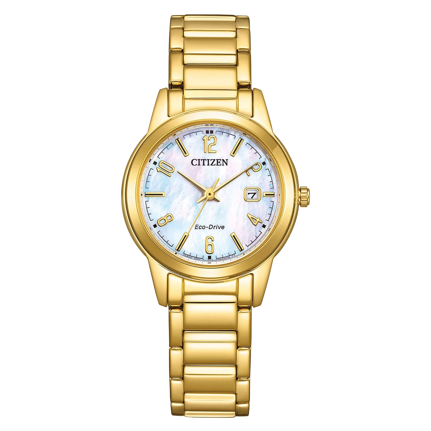 Goldene Citizen-Uhr mit weißem Zifferblatt und goldenem Armband.