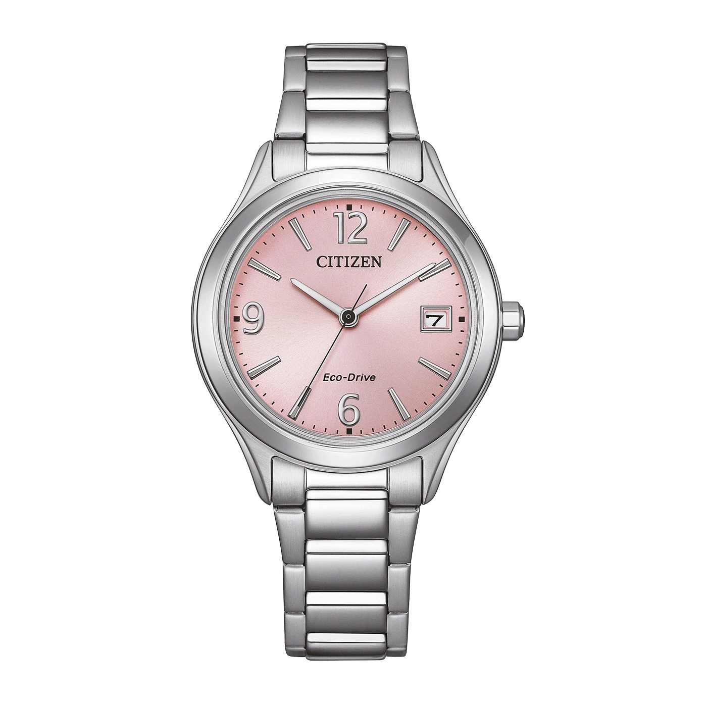 Eine silberne Citizen Eco-Drive Uhr mit pinkem Zifferblatt und Datumsanzeige.