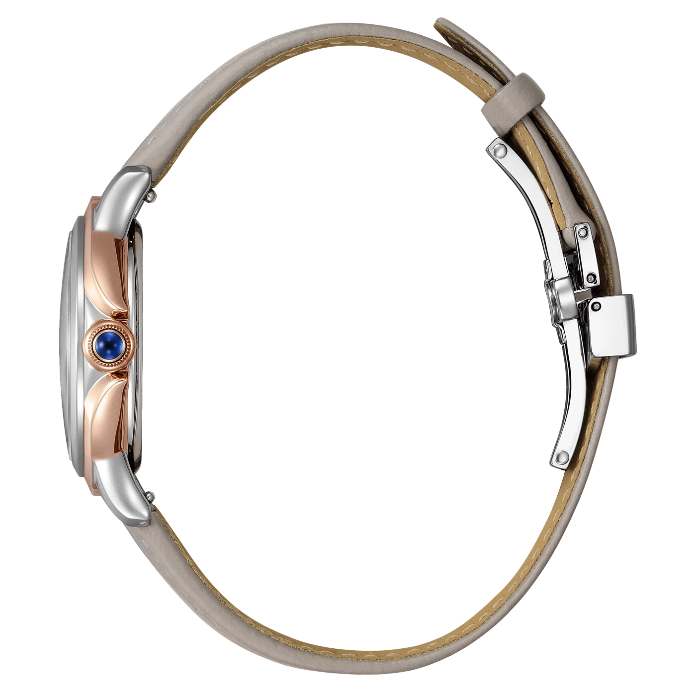 Seitenansicht einer silber- und roségoldfarbenen Uhr mit grauem Lederarmband.