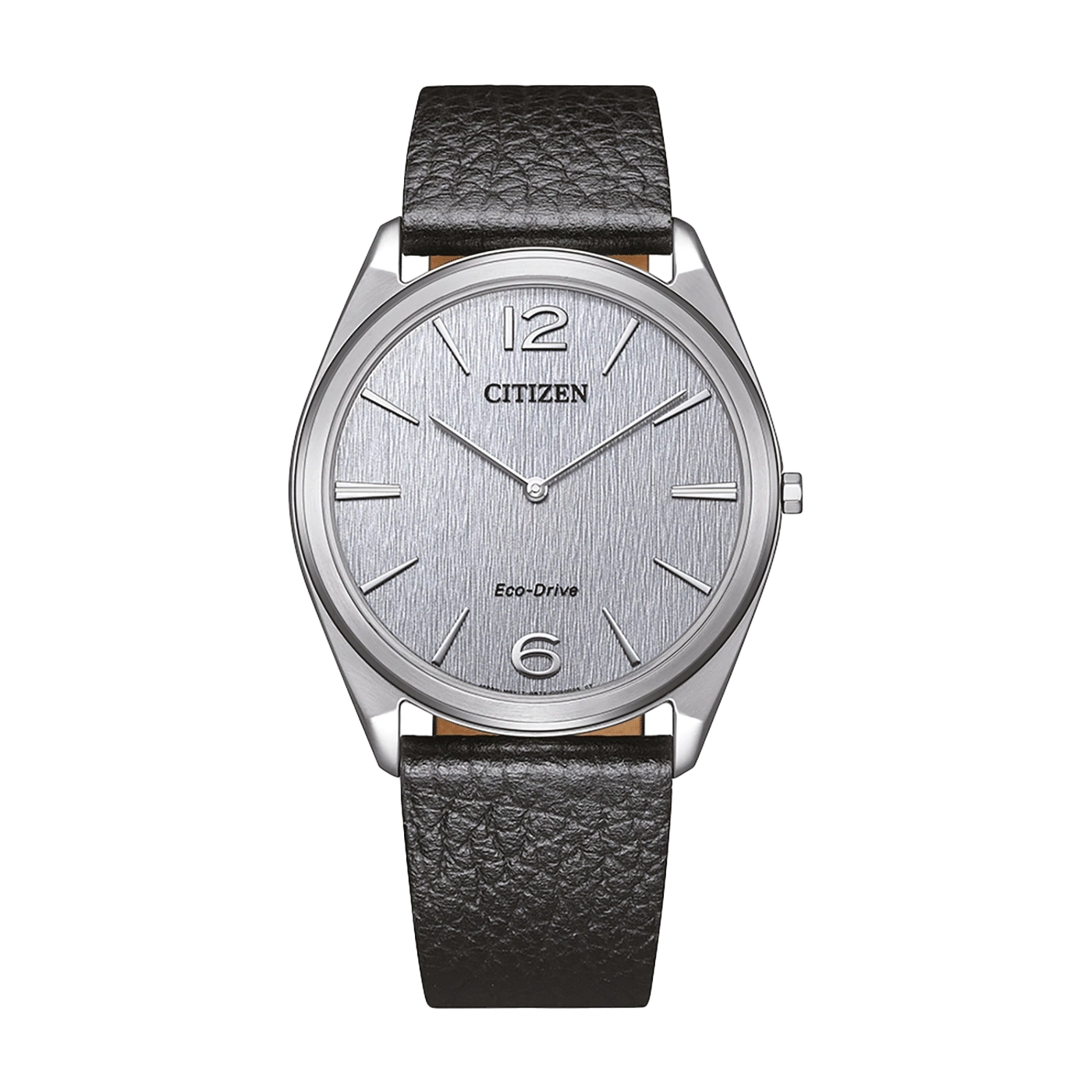 Citizen-Uhr mit silbernem Zifferblatt und schwarzem Lederarmband auf grünem Hintergrund