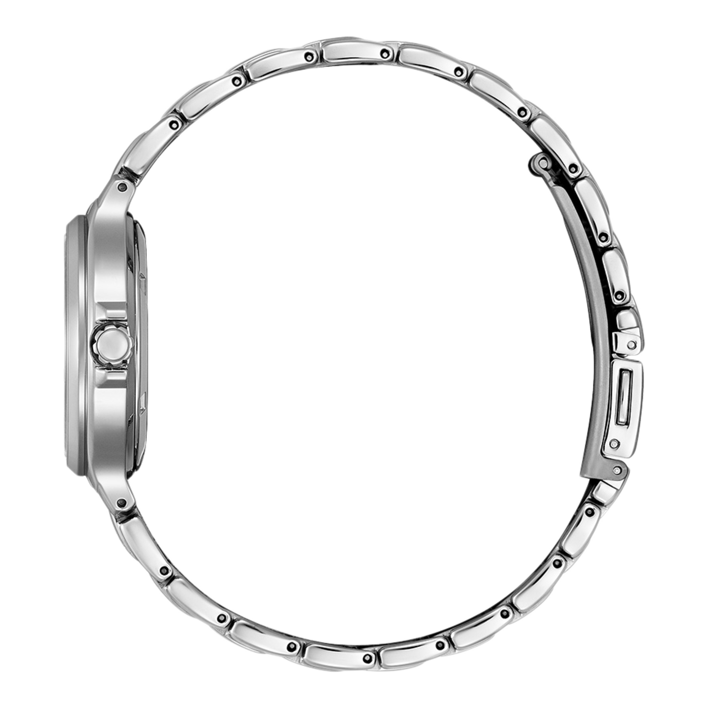 Seitenansicht einer silbernen Armbanduhr mit Metallband, elegantes Design.