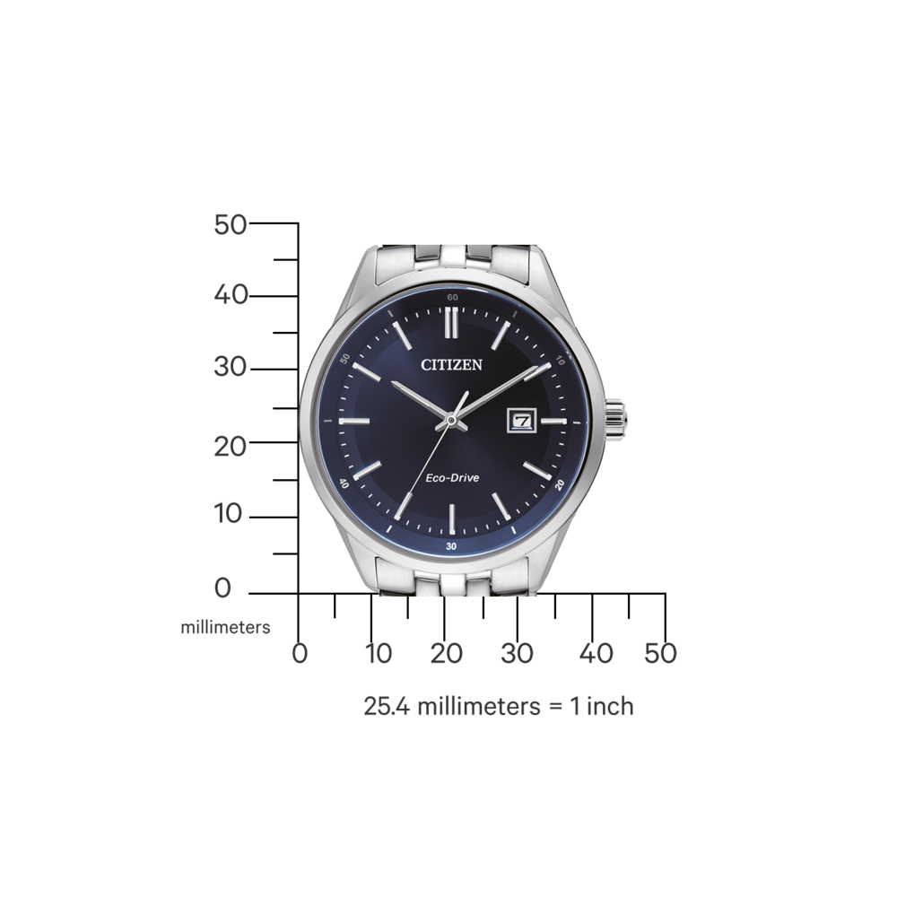 Citizen-Uhr mit dunkelblauem Zifferblatt und silbernem Armband, Eco-Drive-Technologie.