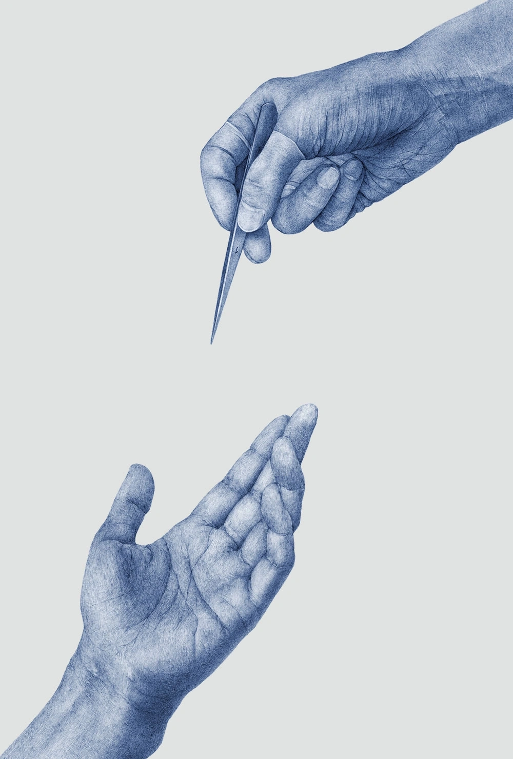 Hände mit Pinzette, Geben oder Empfangen, blaue Zeichnung auf grauem Hintergrund