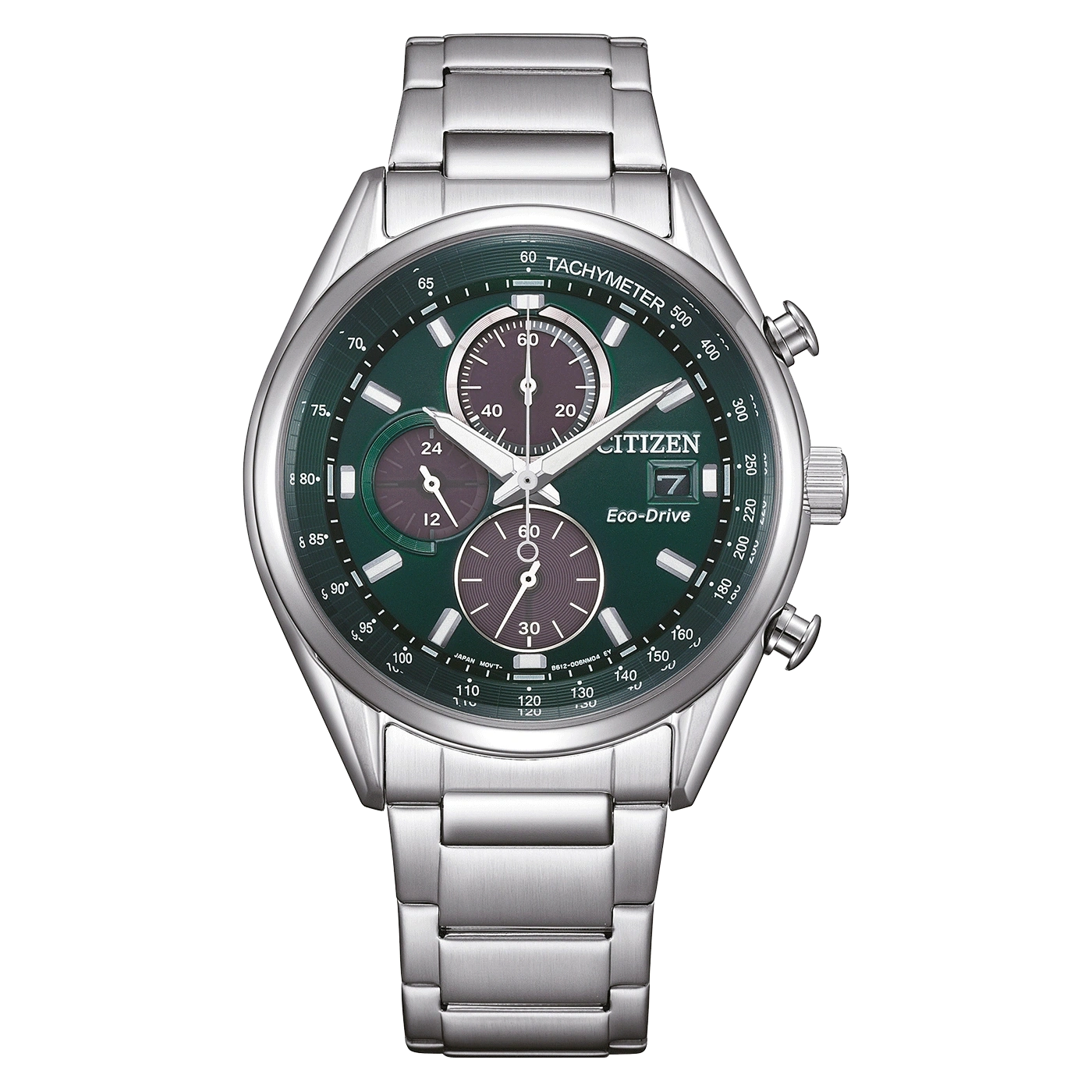 Citizen-Uhr mit grünem Zifferblatt, silbernem Armband und Chronographenfunktionen.