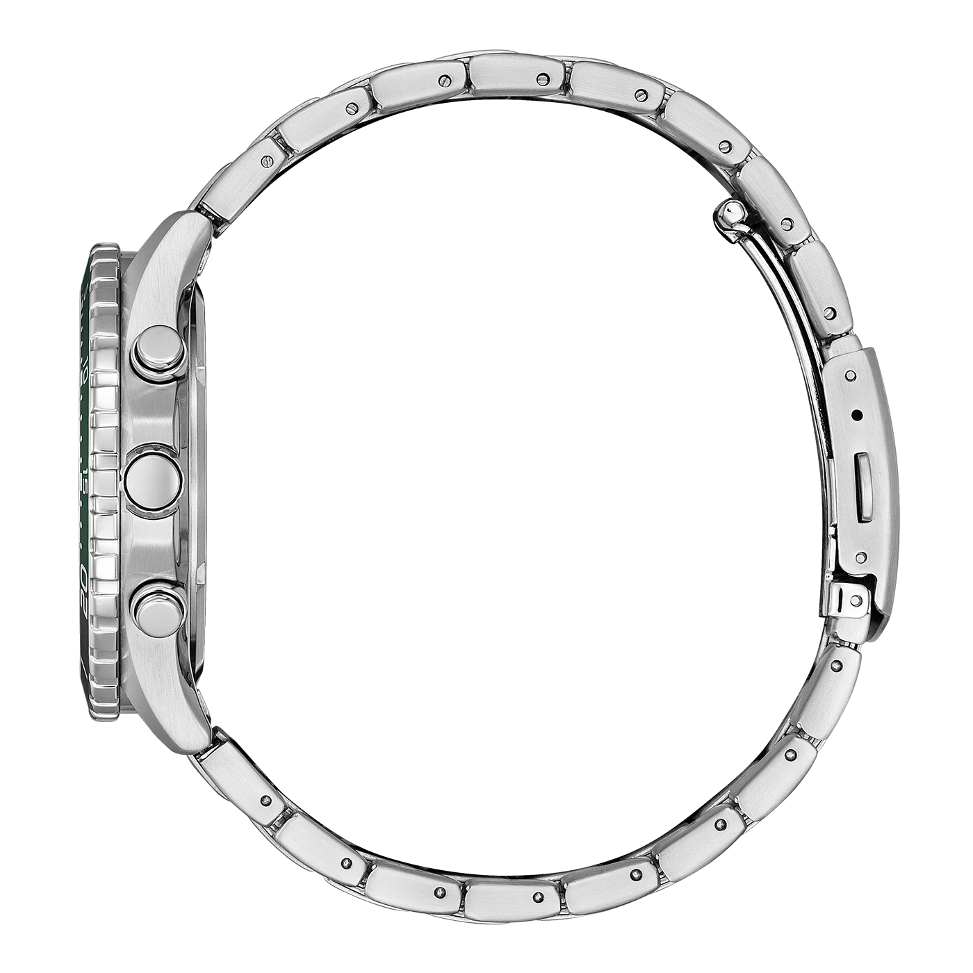 Silberne Uhr mit grüner Lünette und Metallarmband, Seitenansicht.