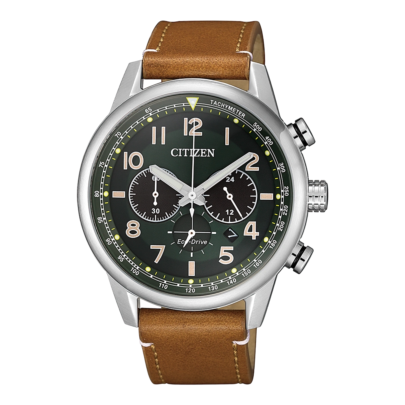 Citizen-Uhr mit grünem Zifferblatt und braunem Lederarmband, Chronograph.