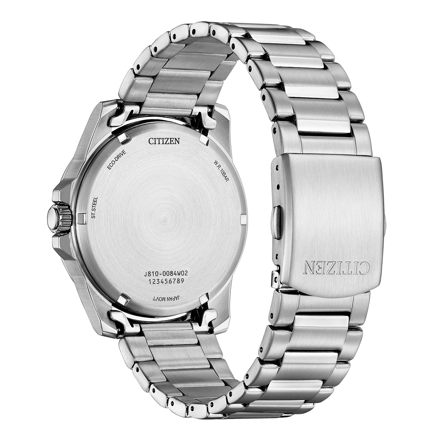 Citizen-Uhrenrückseite, Edelstahl, Eco-Drive, W.R. 10BAR, Japan Movt.