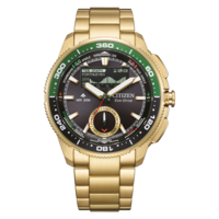 Eine goldene Citizen Eco-Drive Uhr mit schwarzem Zifferblatt und grünen Akzenten.