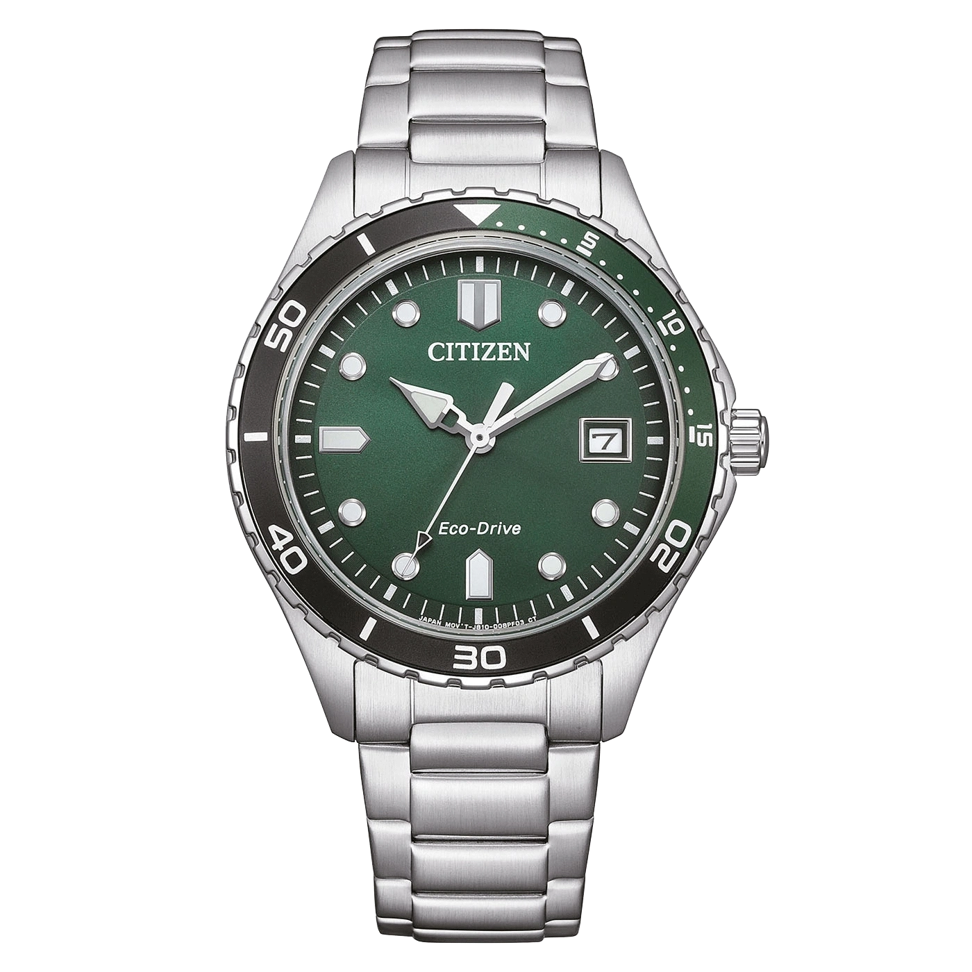 Citizen-Uhr mit grünem Zifferblatt und silbernem Armband, Eco-Drive-Technologie.
