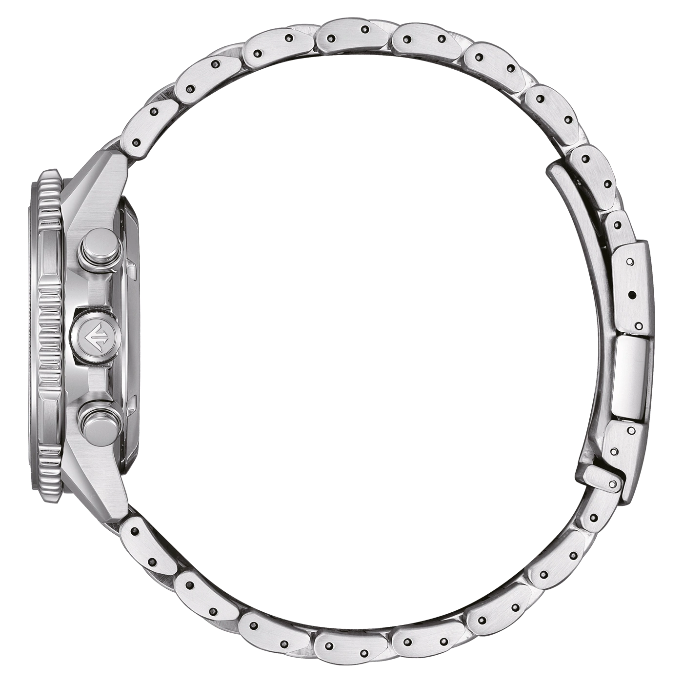 Seitenansicht einer silbernen Armbanduhr mit Metallband, Nahaufnahme.