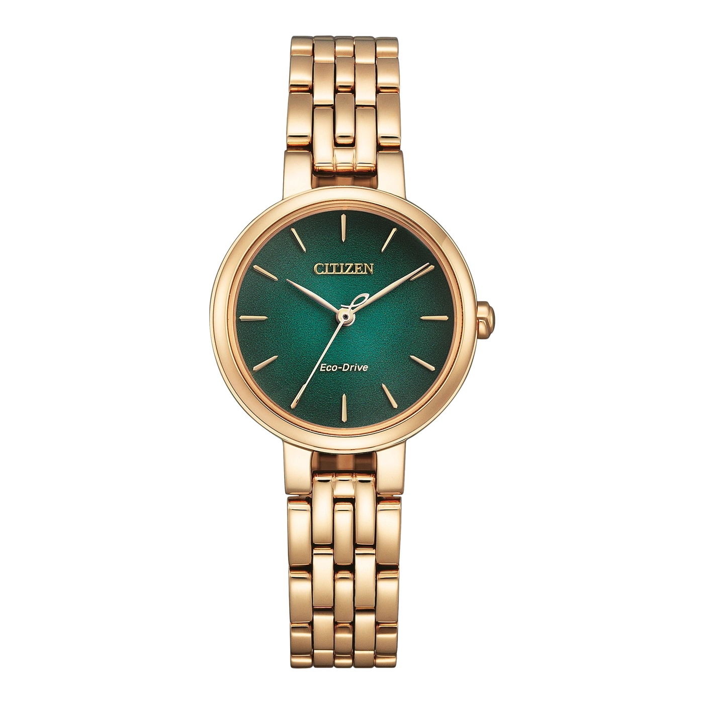 Citizen Eco-Drive Uhr mit grünem Zifferblatt und goldenem Armband.