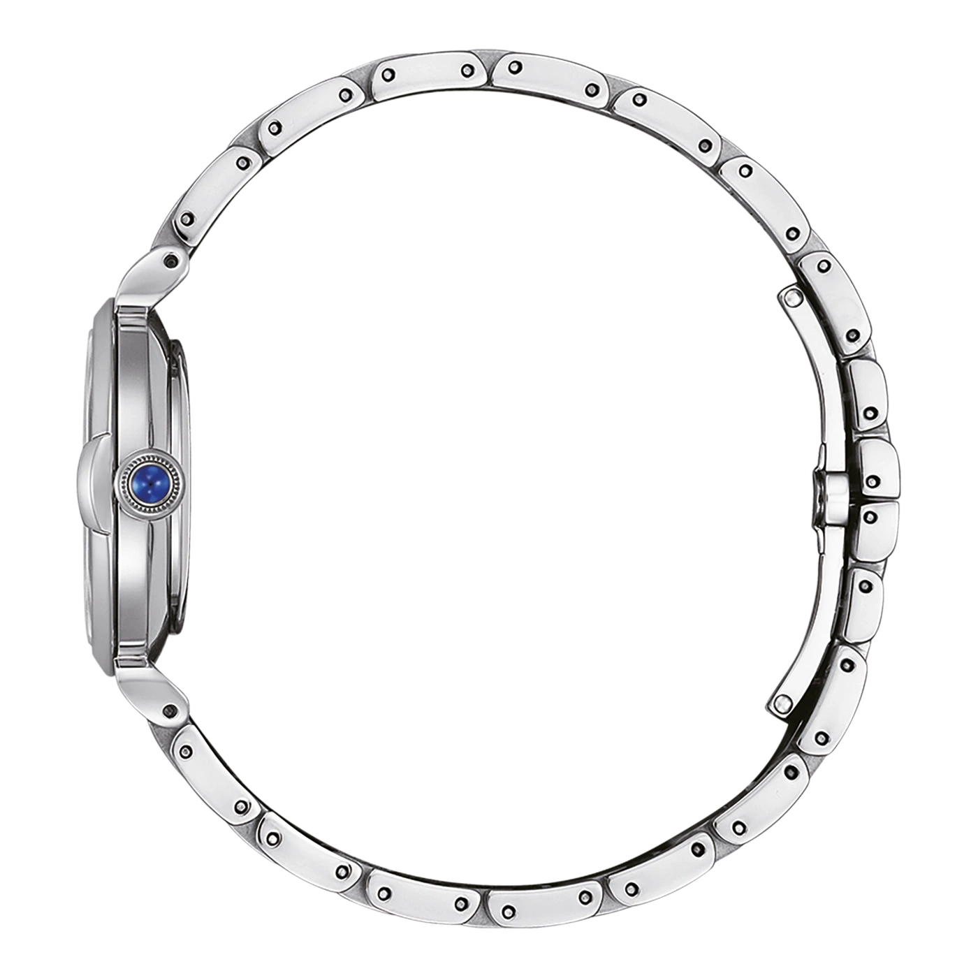 Silberne Uhr mit blauem Edelstein und Metallarmband, Seitenansicht.