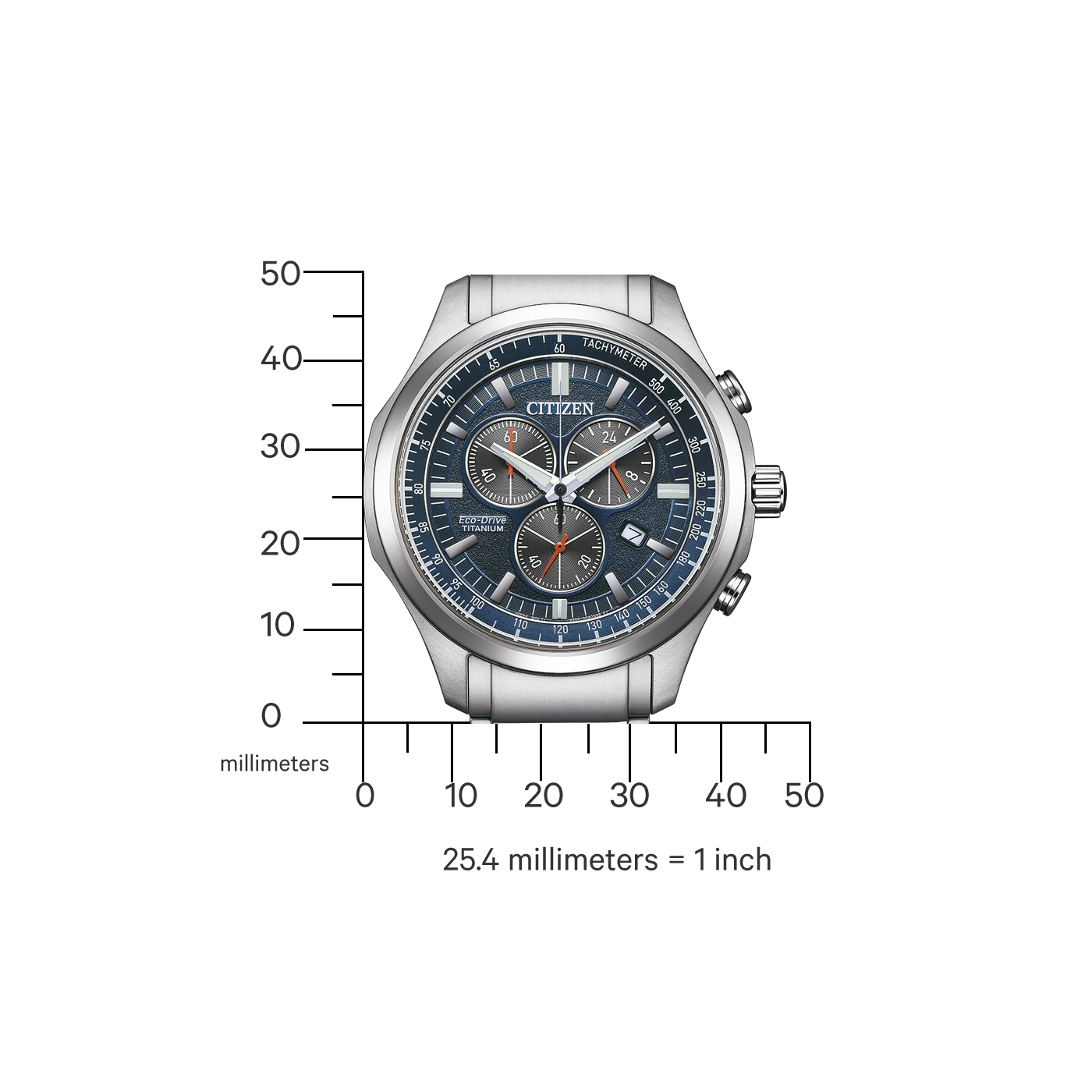 Citizen-Uhr mit Tachymeter, Eco-Drive und Titan-Eigenschaften, mit blauem Zifferblatt.