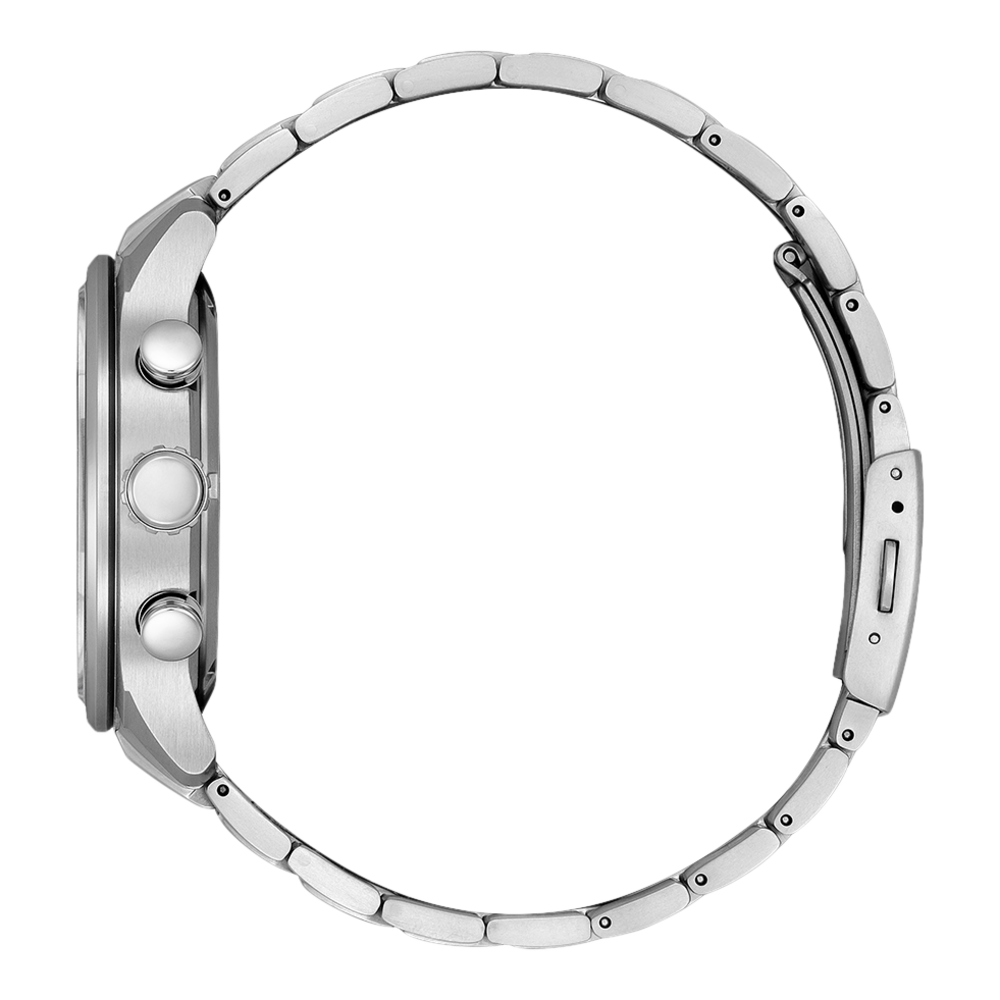 Seitenansicht einer silbernen Armbanduhr mit Metallband und Knöpfen.