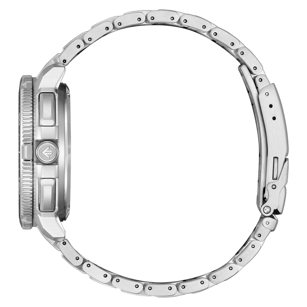 Seitenansicht einer silbernen Uhr mit Metallarmband.