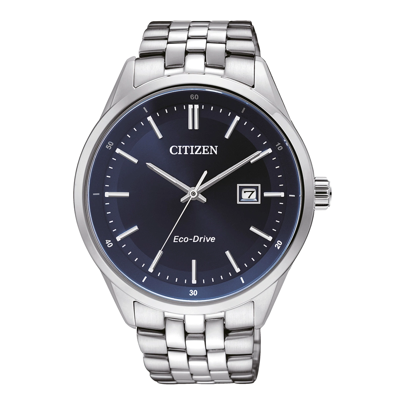 Citizen-Uhr mit blauem Zifferblatt und silbernem Armband, Eco-Drive-Technologie.