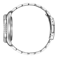 Seitenansicht einer silbernen Armbanduhr mit Metallarmband.