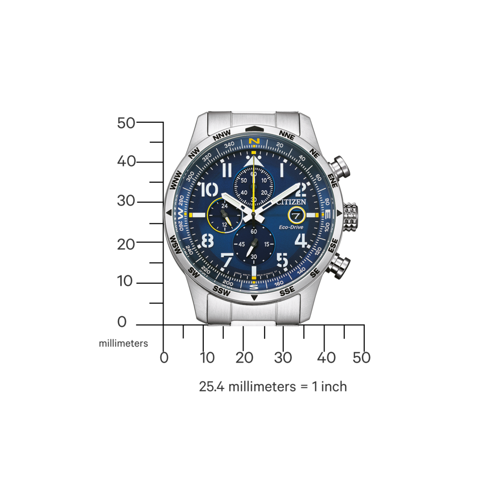 Citizen-Uhr mit blauem Zifferblatt, Chronograph und Kompassmarkierungen, Messung in Millimetern.
