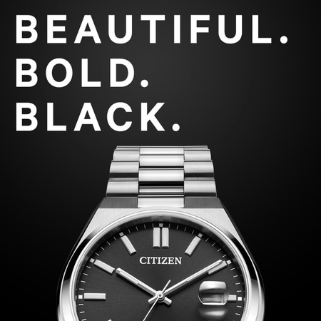 Citizen-Uhr mit den Worten 'Beautiful. Bold. Black.' auf schwarzem Hintergrund.