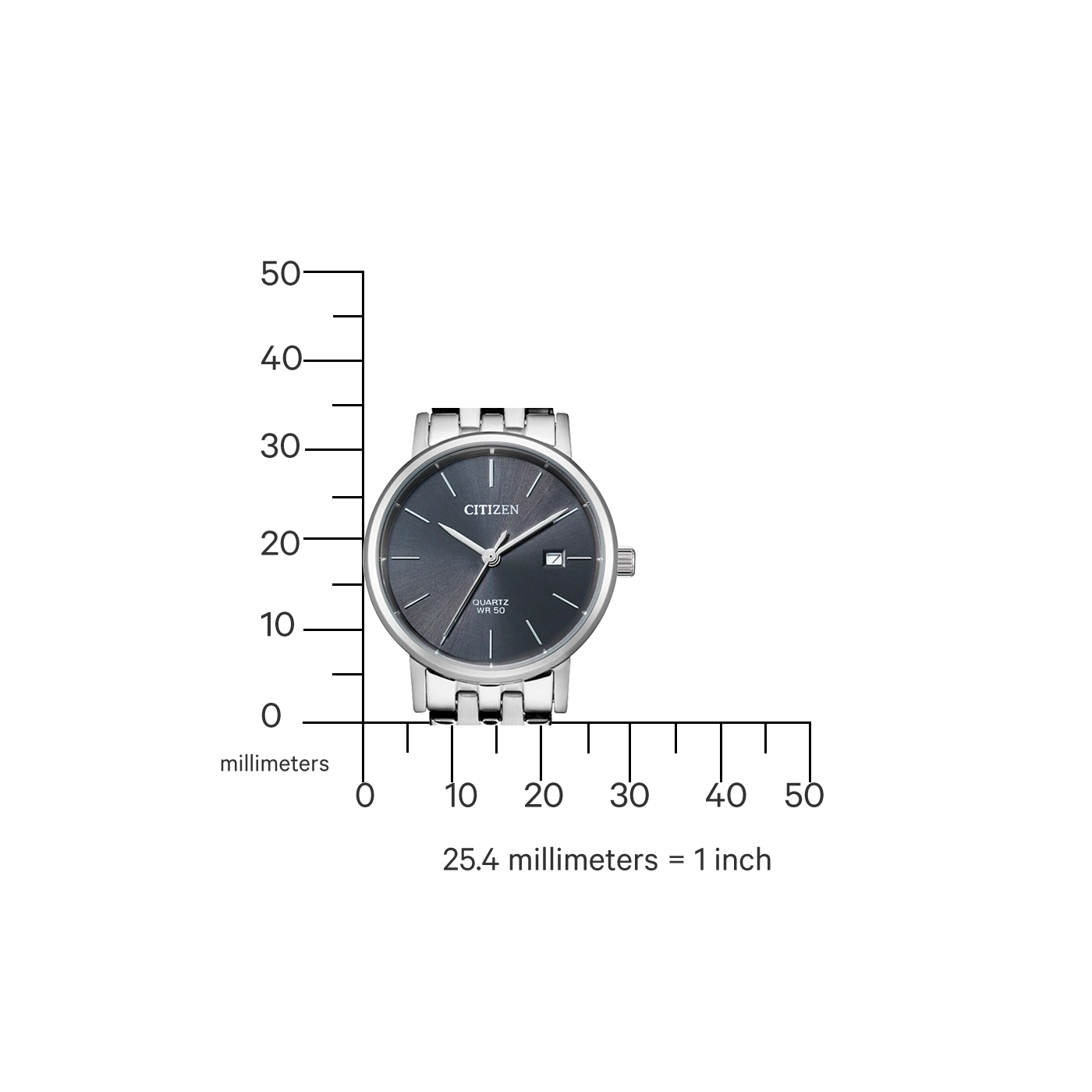 Citizen-Uhr mit dunkelgrauem Zifferblatt und silbernem Armband, mit Lineal.