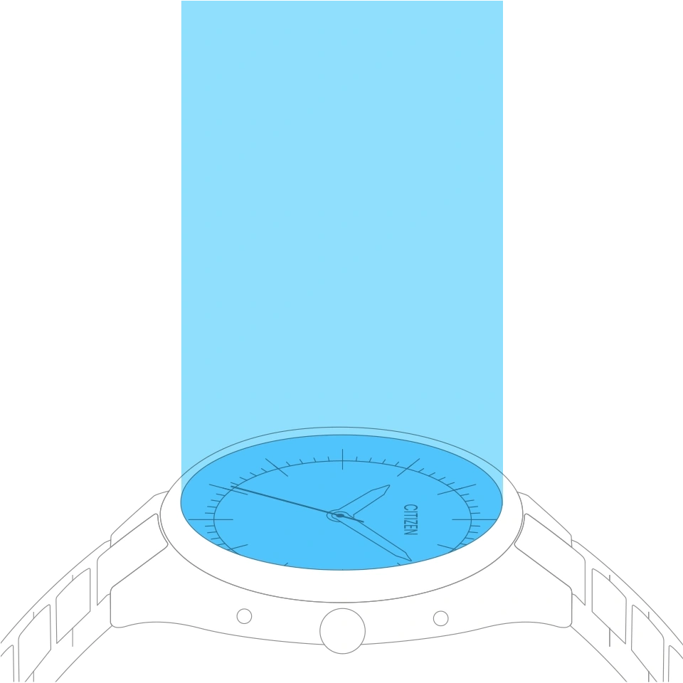 Citizen-Uhr mit blauem Zifferblatt und hellblauem Hintergrund, schwarzer Hintergrund