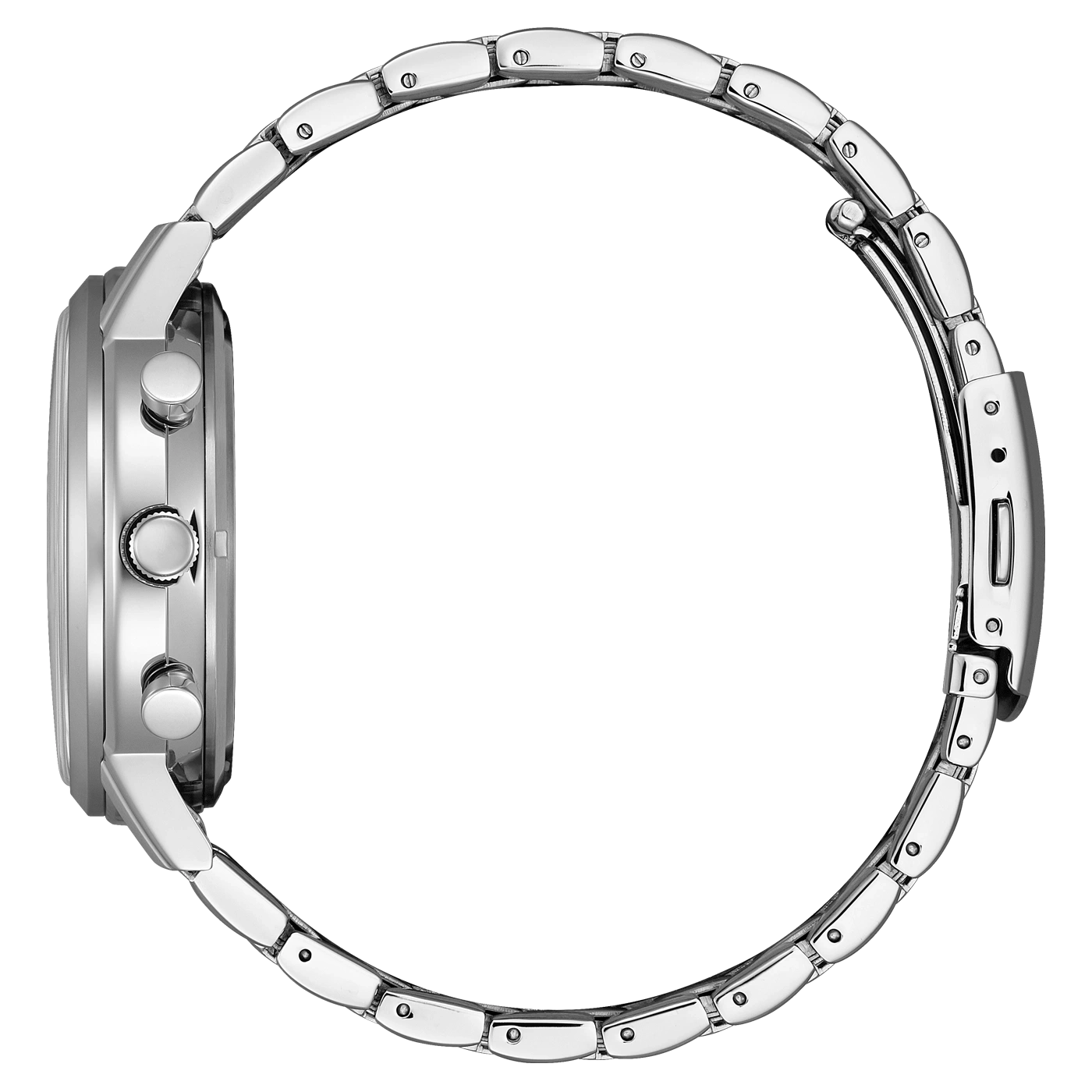 Seitenansicht einer silbernen Armbanduhr mit Metallband und Knöpfen.