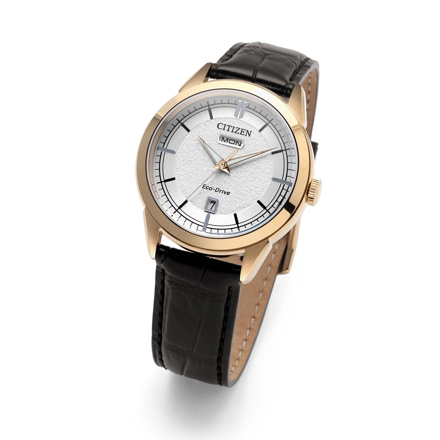 Eine Citizen Eco-Drive Uhr mit weißem strukturiertem Zifferblatt und schwarzem Lederarmband.