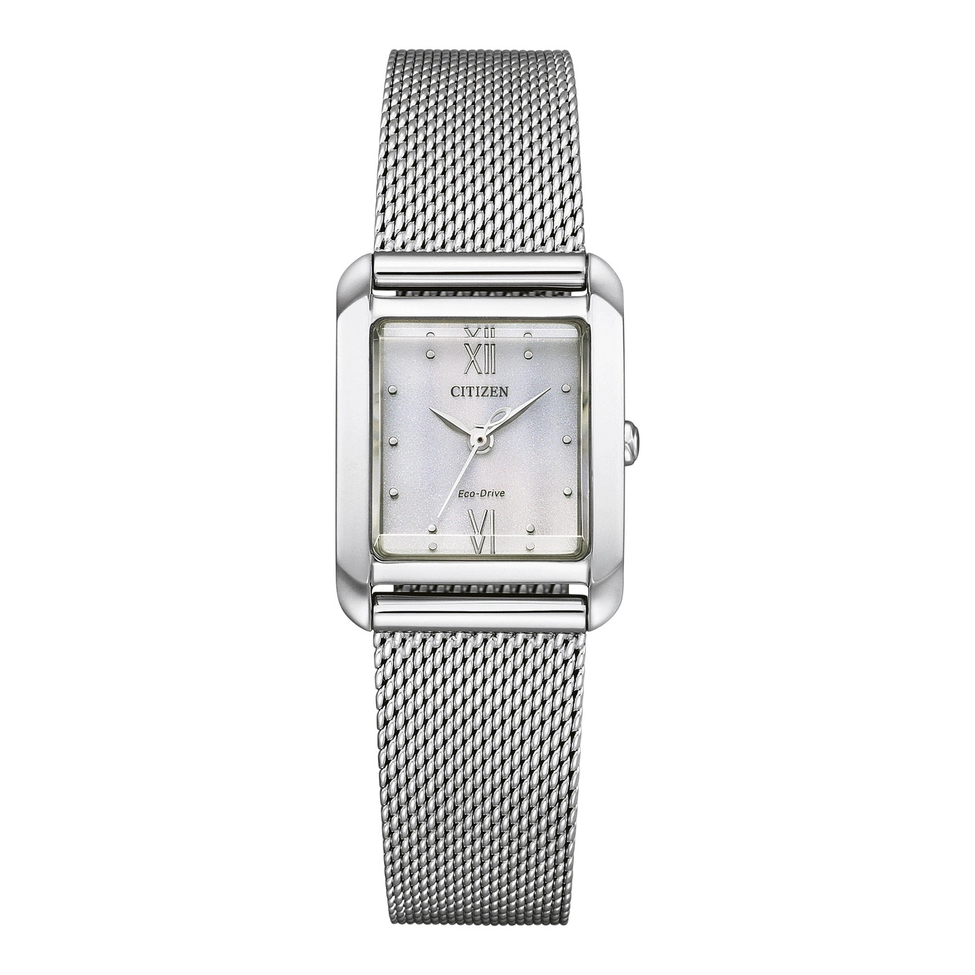 Citizen-Uhr mit silbernem, rechteckigem Zifferblatt und Mesh-Armband, Eco-Drive-Technologie.