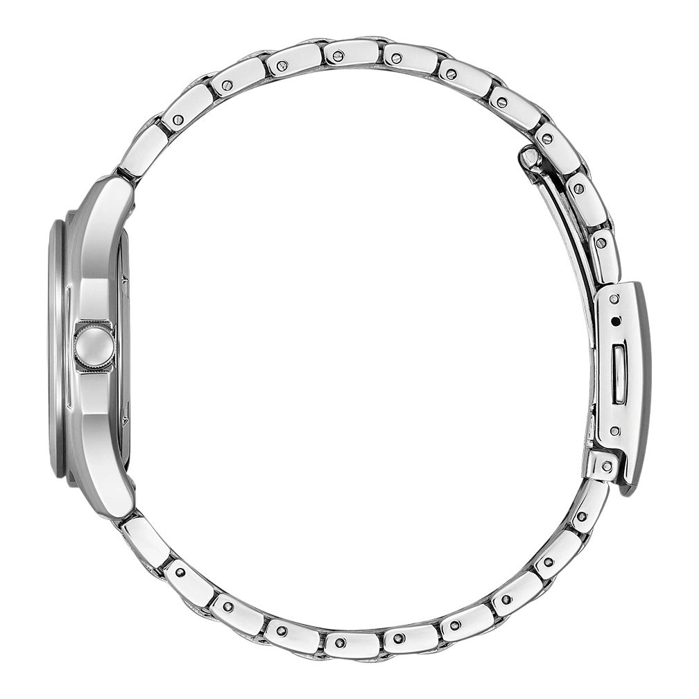 Silberne Uhr mit rundem Armband, Seitenansicht, elegantes Design, glänzendes Metall