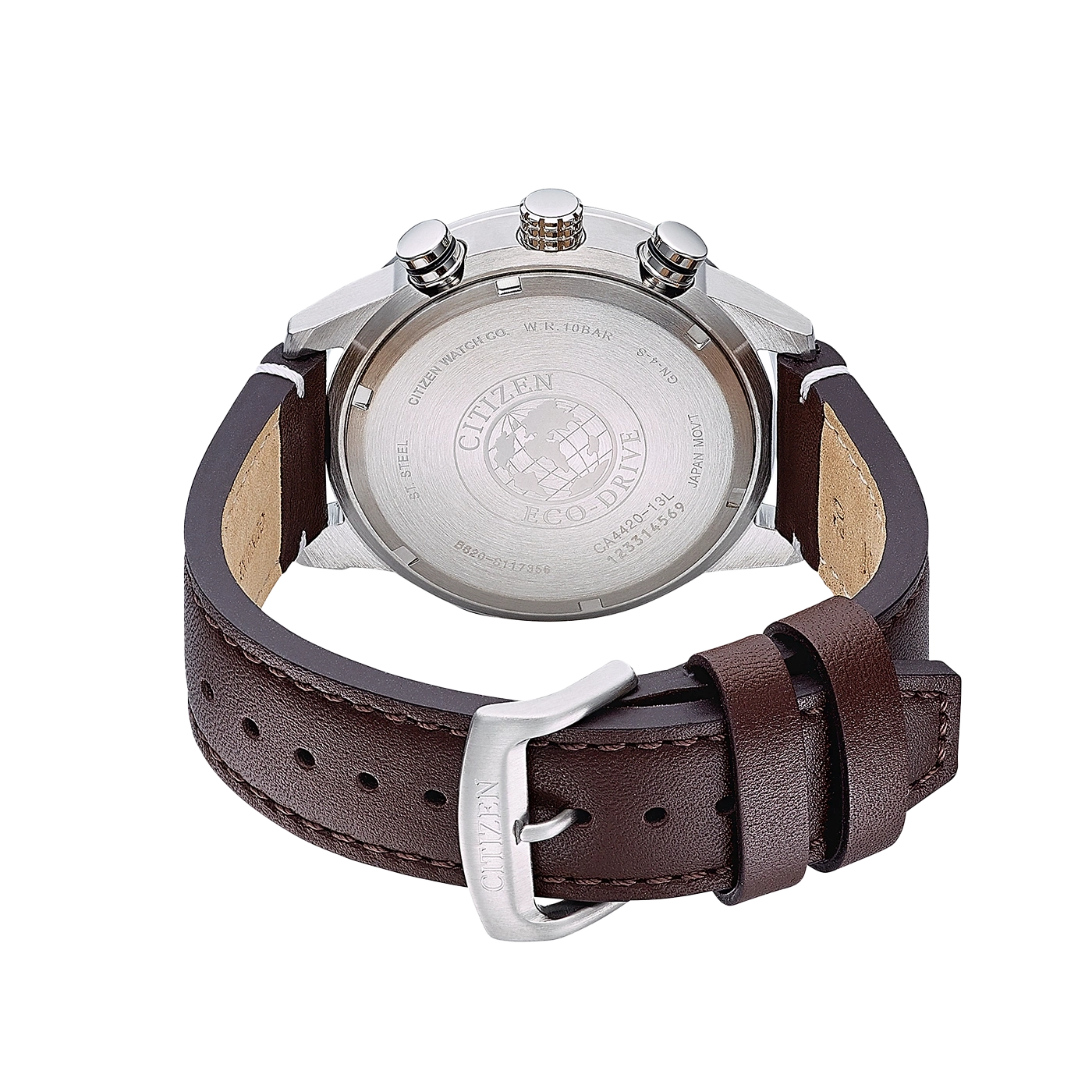 Citizen-Uhrrückseite, braunes Lederarmband, Edelstahl, Eco-Drive, japanisches Uhrwerk.